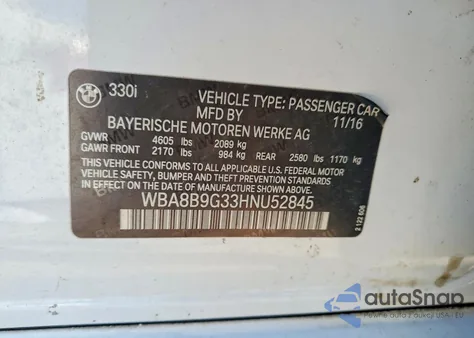 2017 BMW 330 I из США, поврежденный, VIN WBA8B9G33HNU52845